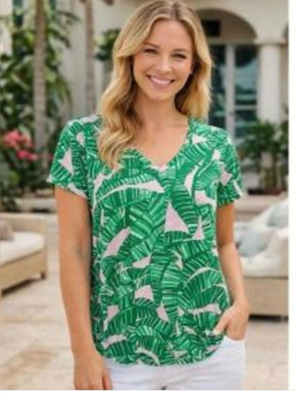 NWT Lilly Pulitzer Etta V Neck Tee Shirt Conch Shell Pink Lets Go Bananas